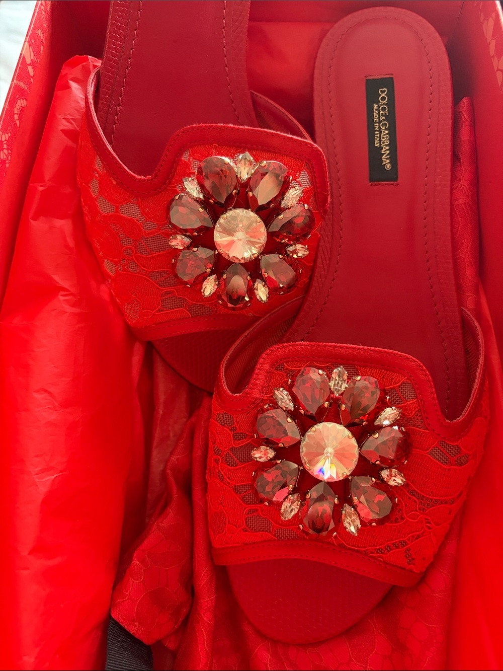 Dolce & Gabbana Red Lace Slide Mules with Crystal Flower